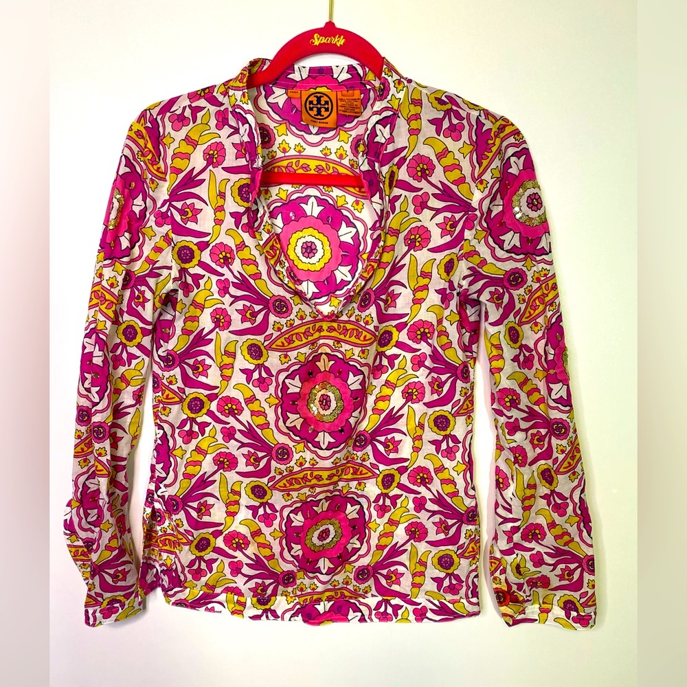 Tory Burch Pink, Yellow & White Floral Print V-Neck Blouse